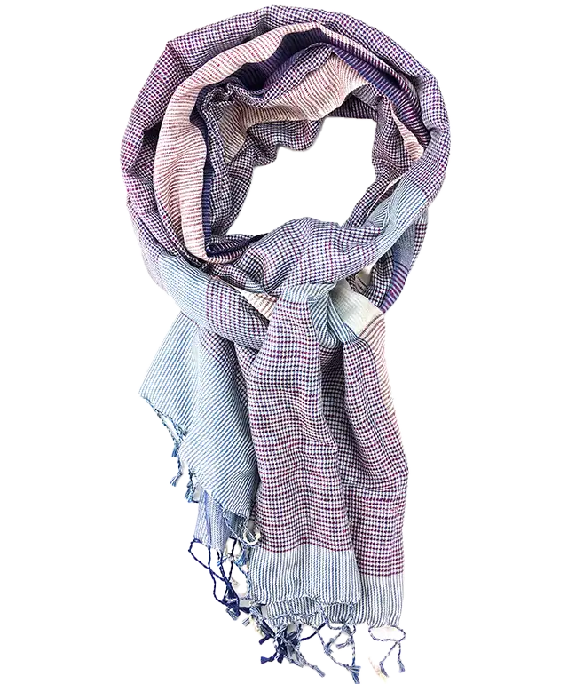 Azmar wild silk hanging stole in blue and violet, with fine hand-woven fabric and twisted fringes