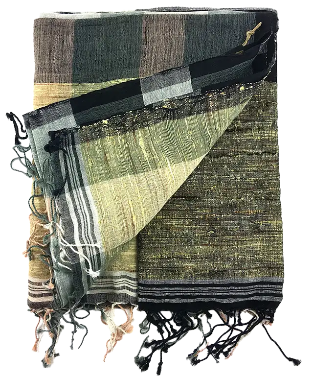 Chess linen stole in neutral tones, held by one person over the shoulder, lit by the light