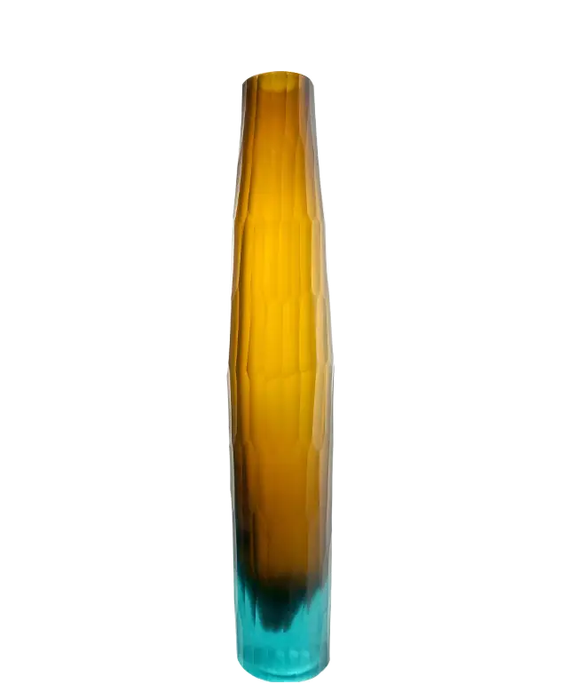Petit modèle de vase bicolore turquoise et ambre en verre recyclé, soufflé à la bouche, collection Flower