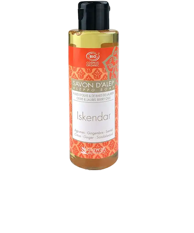 Organic liquid Aleppo soap in a pump bottle and vegetable konjac sponge