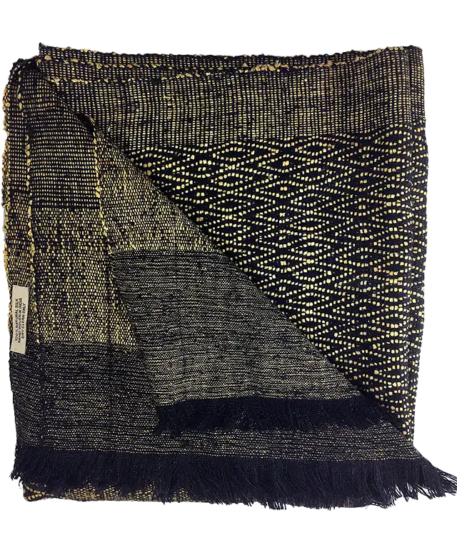 Gold-coloured Eri silk stole, draped over a black coat like a scarf around the neck