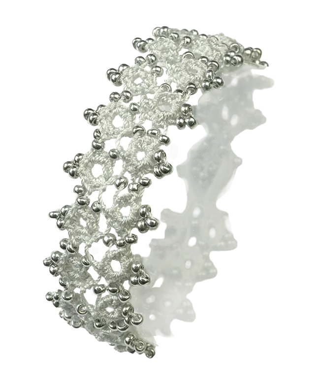 Handmade lace textile bracelet, Husnu, OYA collection, silver grey colour