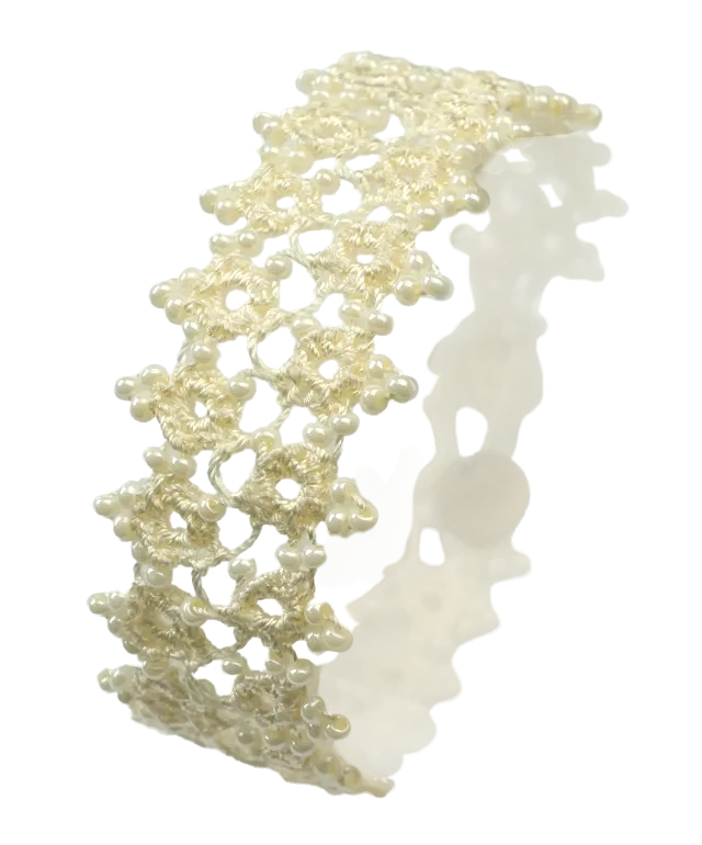 Handmade lace textile bracelet, Husnu, OYA collection, light ivory colour