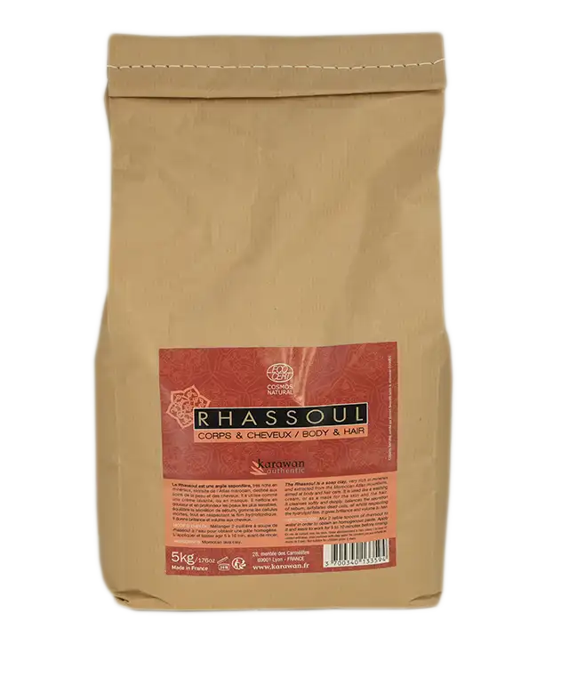 Powdered rhassoul sachets for body and hair, available in 1kg and 5kg packages