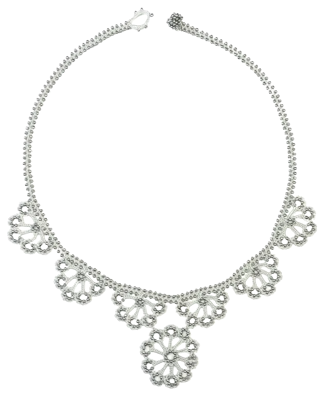 Close-up on the design of the silver grey Hawa lace necklace by Karawan