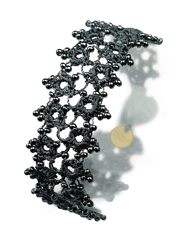 Handmade lace textile bracelet, Husnu, OYA collection, slate blue colour