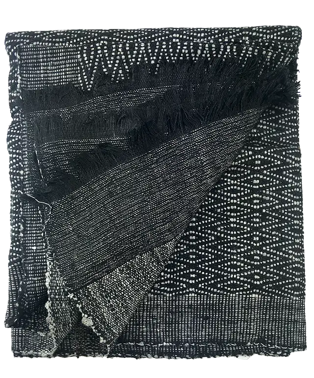 Zoom in on a woman holding a silver-grey wild silk stole by Karawan
