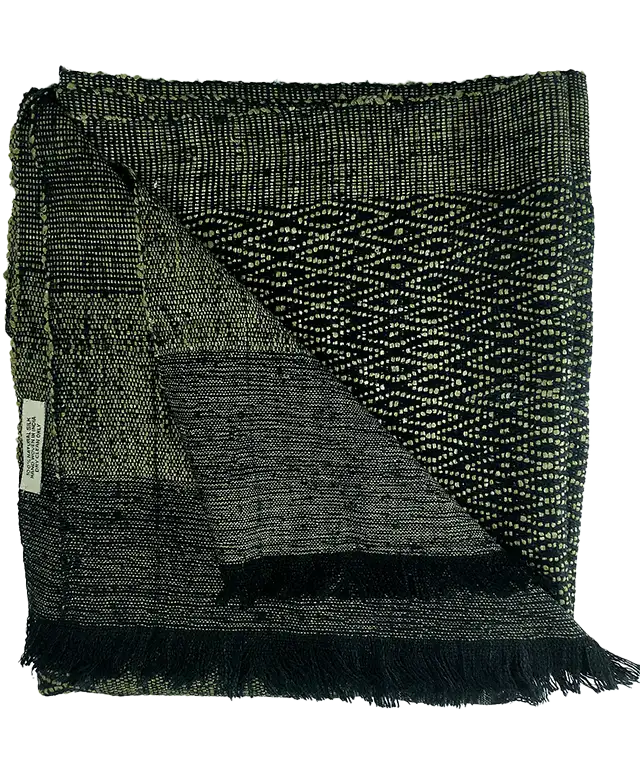 Eri Eshani silk stole in olive hanging, photo taken against a white background