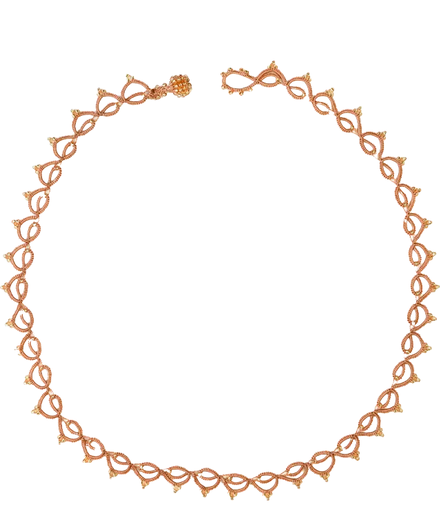 Collier tour de cou fait main en fil et perles, Lotus Chain coloris beige, or et cuivre