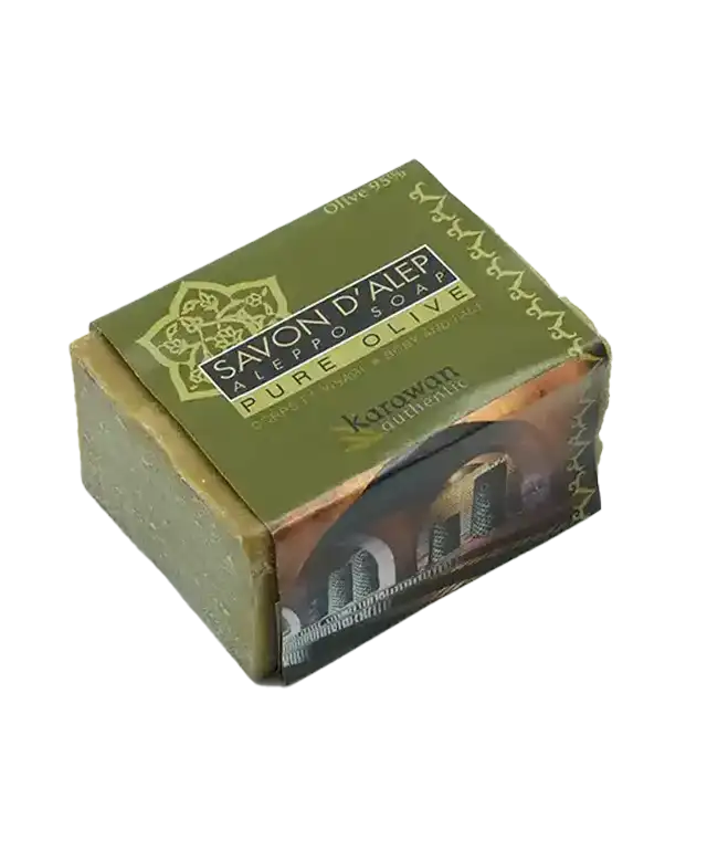 Pure Aleppo olive oil soap in a band out of its packaging