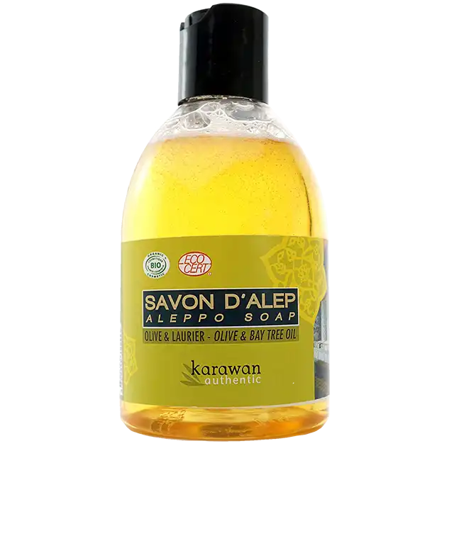 Traditional, authentic Aleppo soap and liquid soap in a bottle