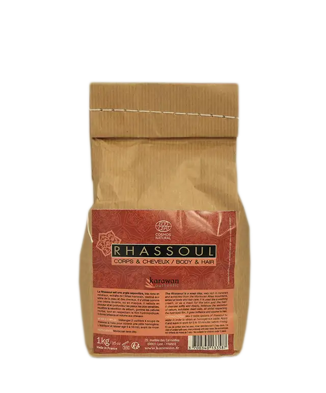 Powdered rhassoul sachets for body and hair, available in 1kg and 5kg packages