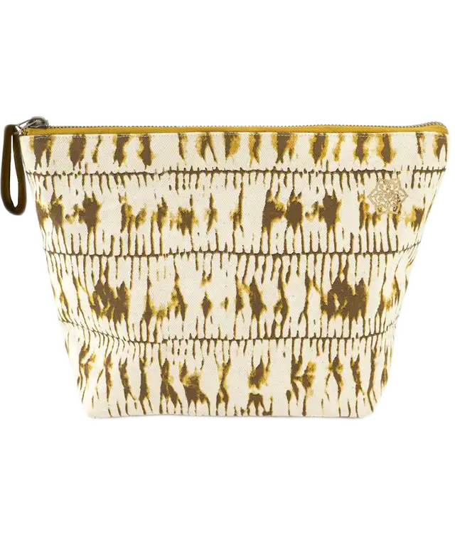 Trousse de toilette Shade, toile de coton canvas couleur safran aux motifs imprimés, rosace brodée de la marque Karawan