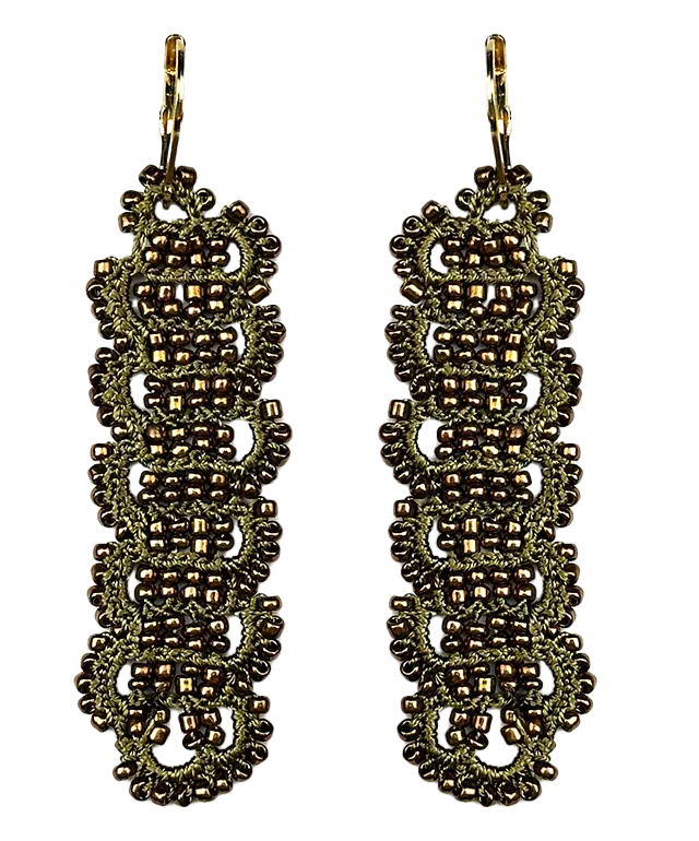 Designer earrings with wire and metal beads, Bark model, bronze and dark copper colours