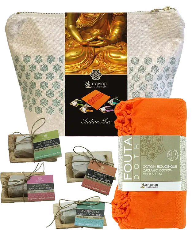 Coffret cadeau Indian mix avec trousse de toilette, fouta curcuma et mini savons ayurvédiques 20g