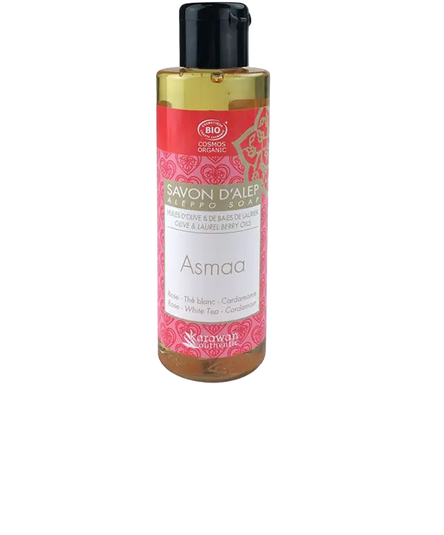 Bottle of Asmaa liquid Aleppo soap on a fouta