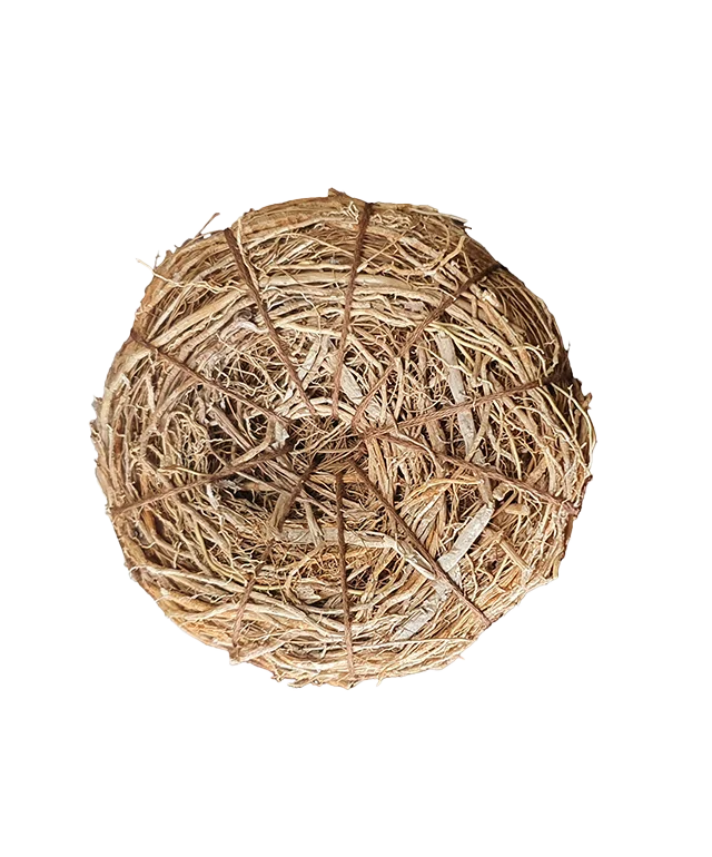 Fleurs de douche naturelles au vétiver pour le gommage, étiquette en carton de la marque Karawan authentic