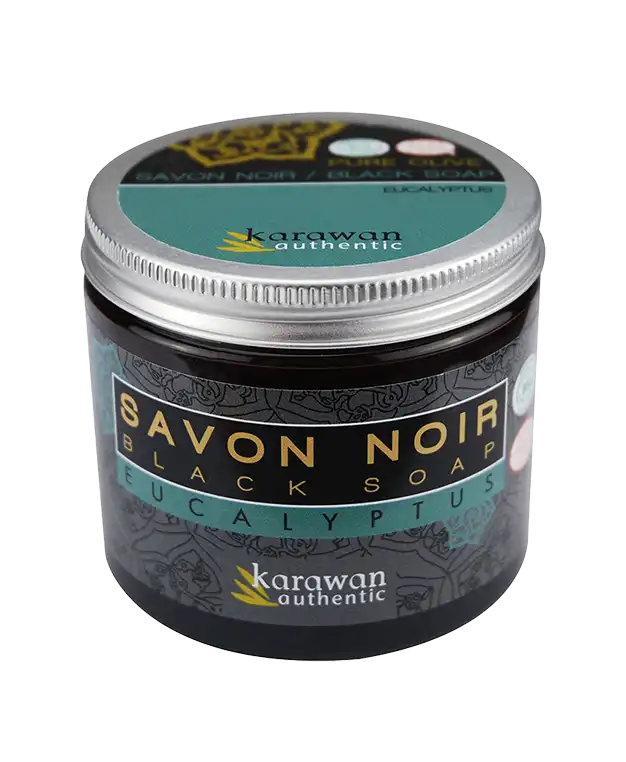 Box of black soap with olive oil and eucalypus essence