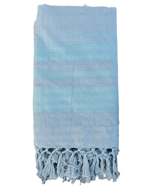 Lightweight, blue organic cotton fouta on a small outdoor chair