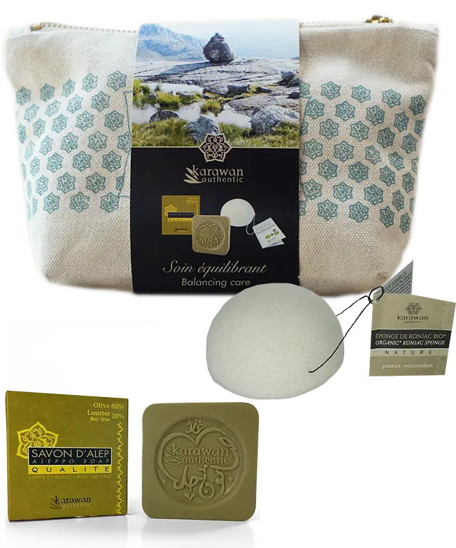 Kit de soin équilibrant avec savon d'Alep à l'olive et au laurier, trousse de toilette et éponge konjac
