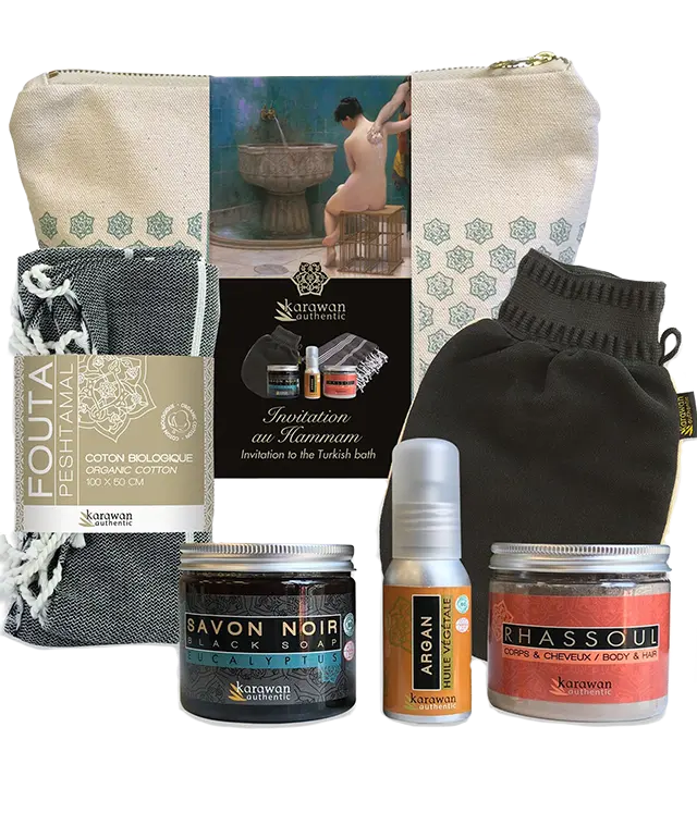 Kit invitation au hammam avec trousse de toilette, fouta en coton, huile d'argan, rhassoul et savon noir