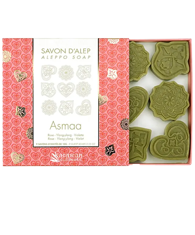 Box of 9 scented guest soaps Asmaa, presented on a cotton fouta
