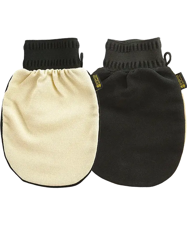 Black and beige kessa gloves, jar of black soap and organic argan oil