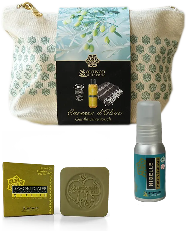 Coffret bien-être Essentiels d'Orient avec savon d'Alep solide Karawan, trousse et huile de nigelle végétale