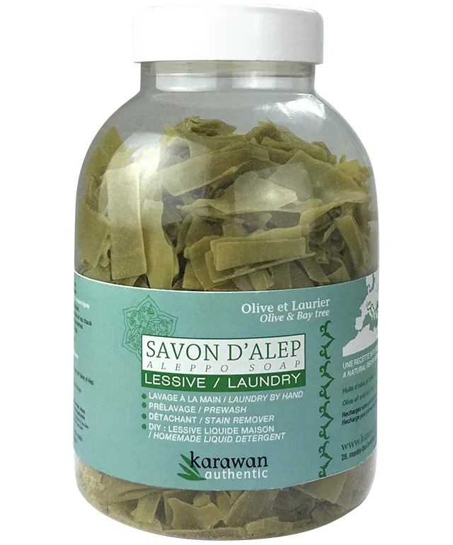 Aleppo soap flakes for laundry, in a jar