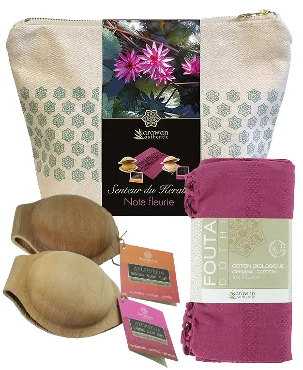 Kerala scent box, floral fragrance, organic cotton fouta, Karawan ayurvedic soaps
