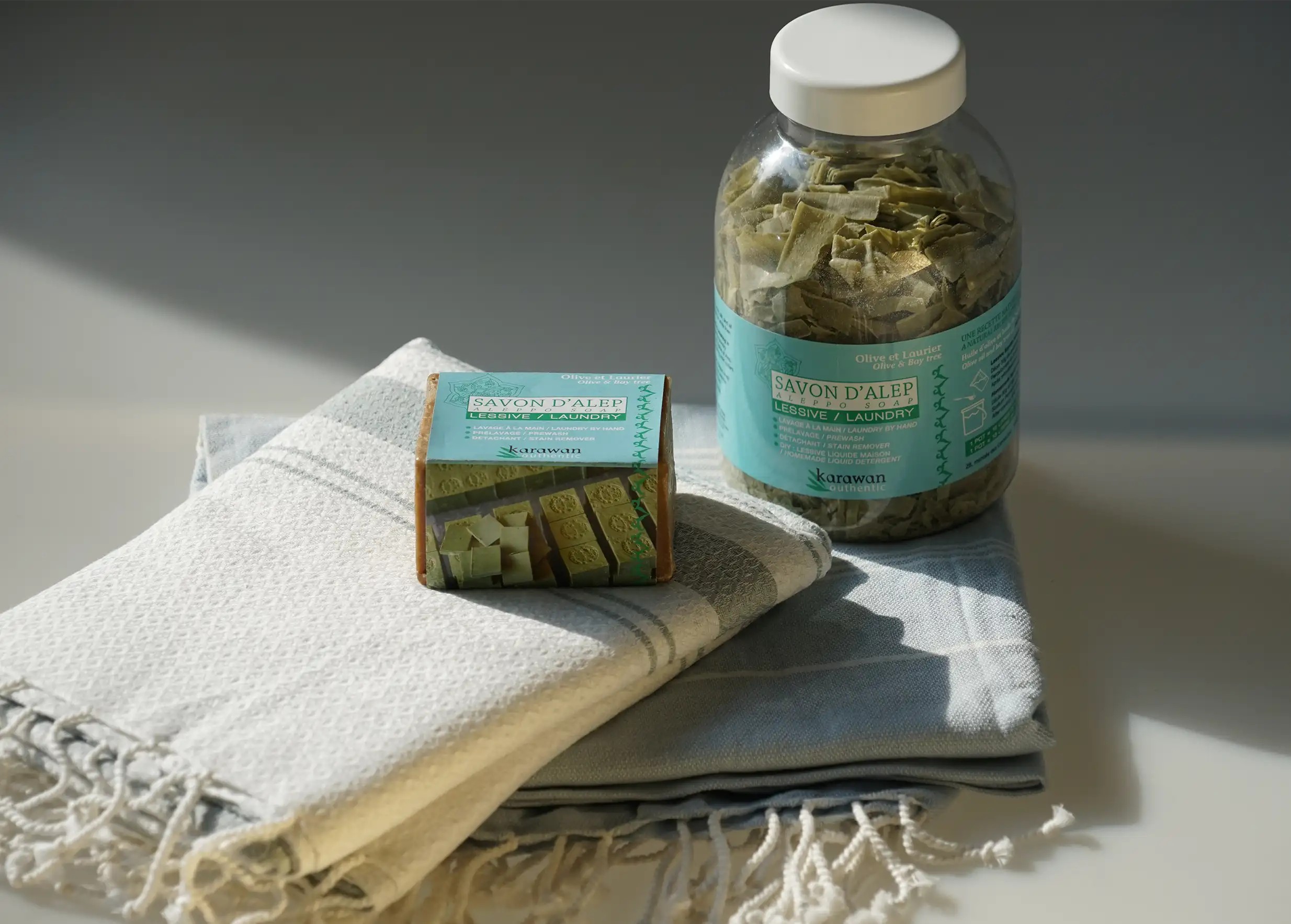 Aleppo soap for laundry and Aleppo soap flakes in a jar Aleppo soap for laundry and Aleppo soap flakes in a jar