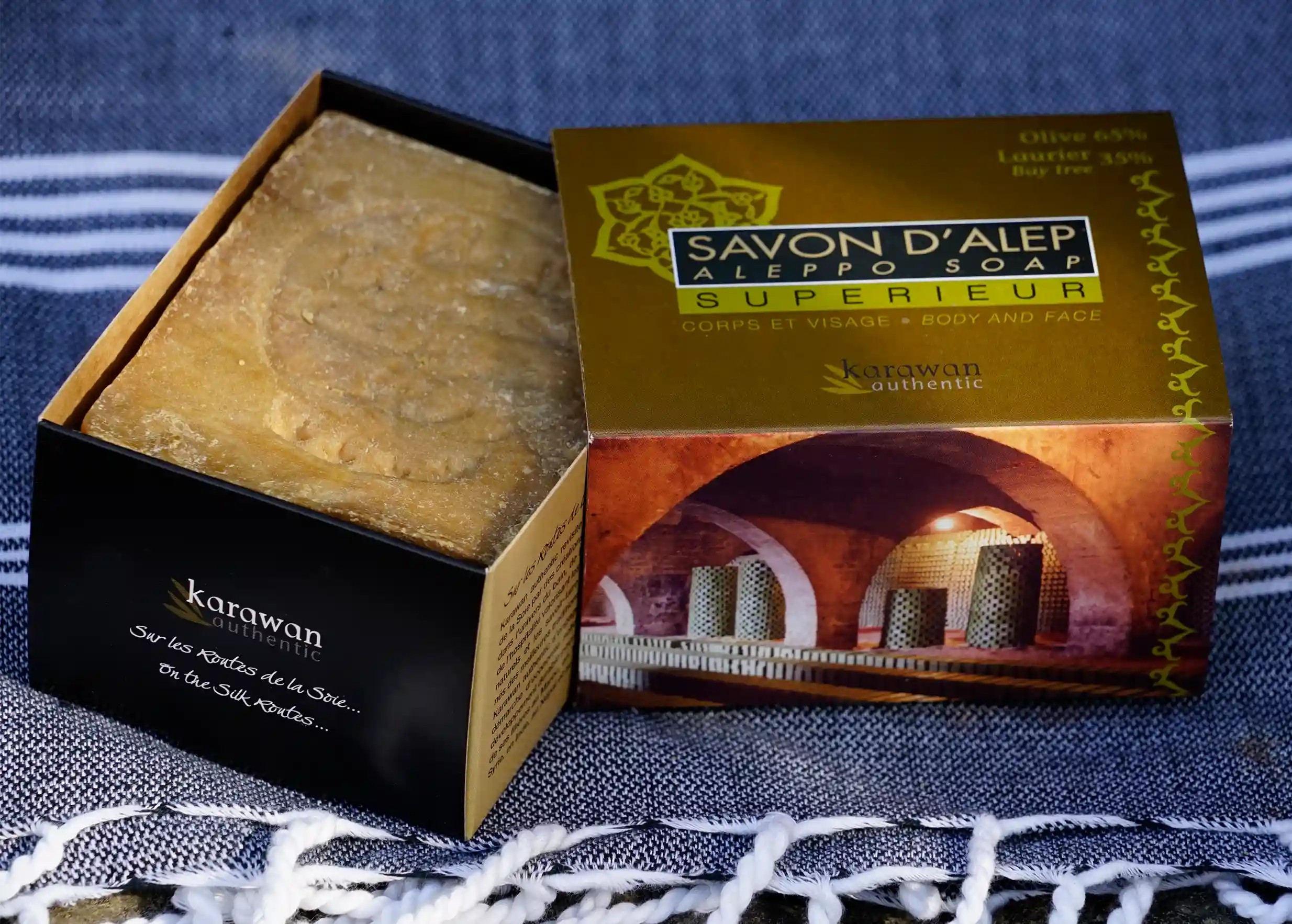 Superior Aleppo soap with 35% laurel berry, 65% olive, sheath box