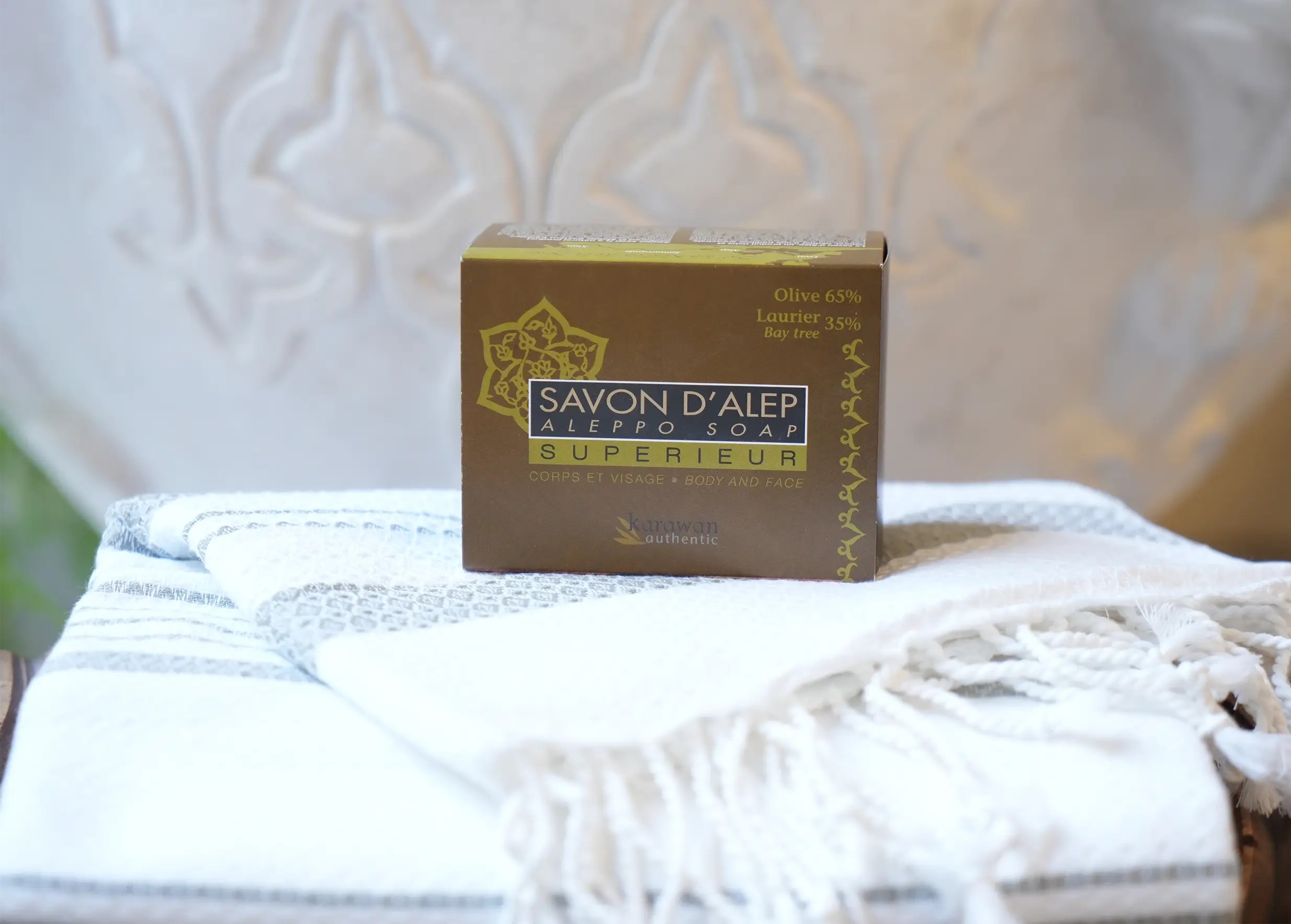 Karawan's Superior Aleppo soap with 35% laurel oil, and an open box