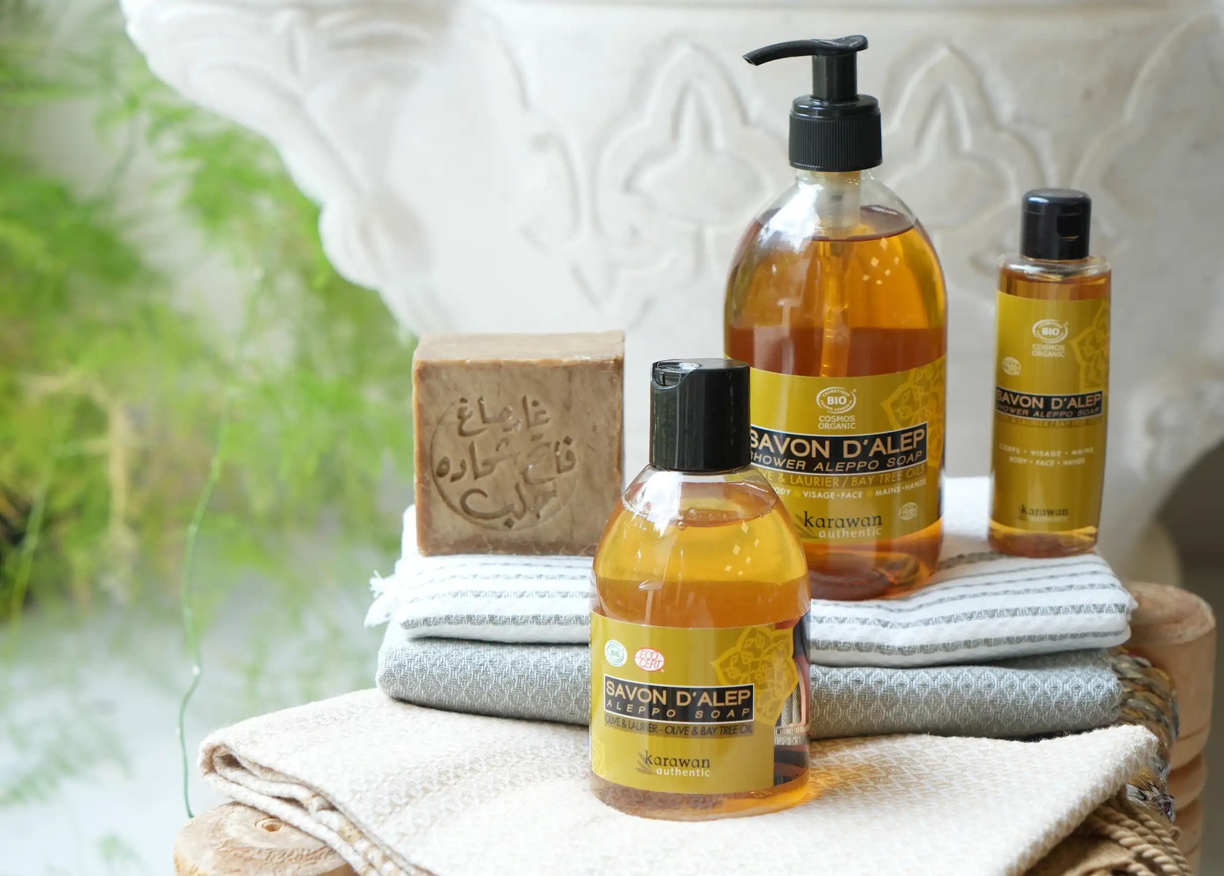 Aleppo soap, and 3 organic liquid Aleppo soaps with olive oil, near organic cotton foutas Aleppo soap, and 3 organic liquid Aleppo soaps with olive oil, near organic cotton foutas
