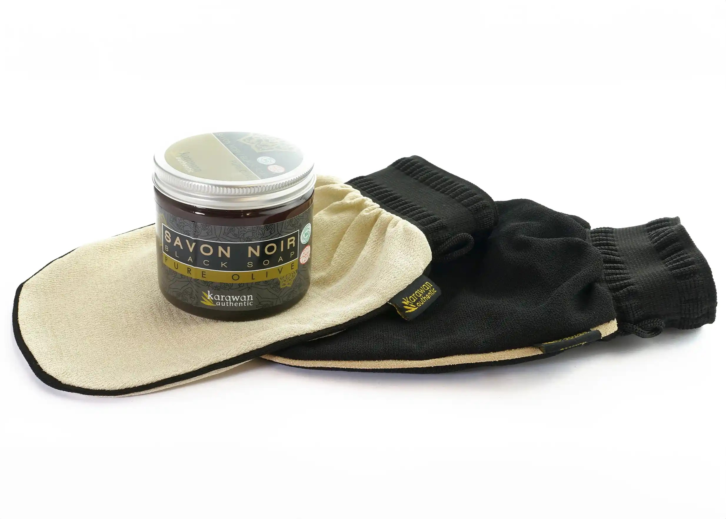 Lot de gants exfoliants kessa avec pot de savon noir bio par Karawan