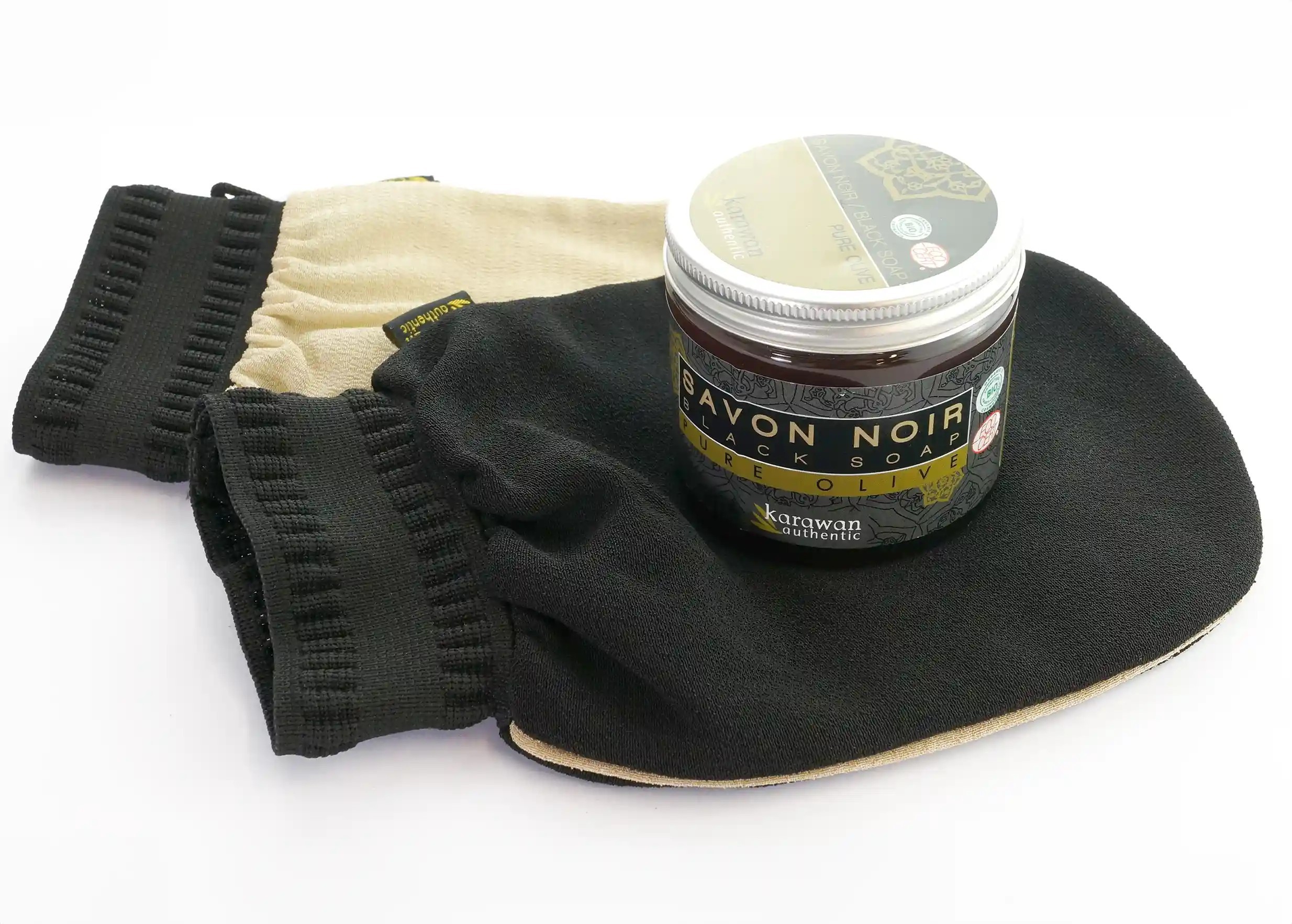 Set of two Karawan kessa gloves with a jar of olive oil black soap
