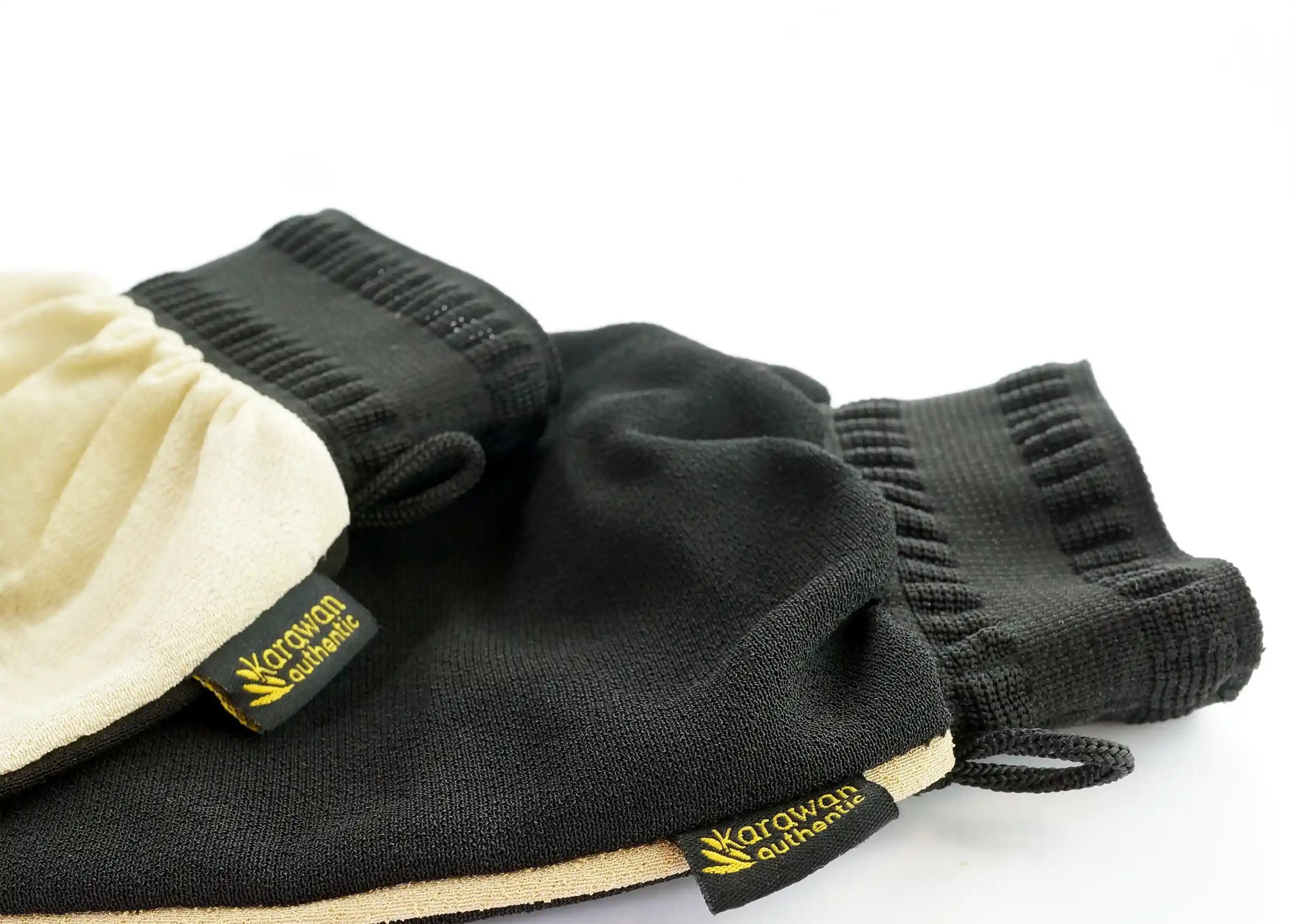 Black and beige viscose kessa gloves with authentic Karawan label