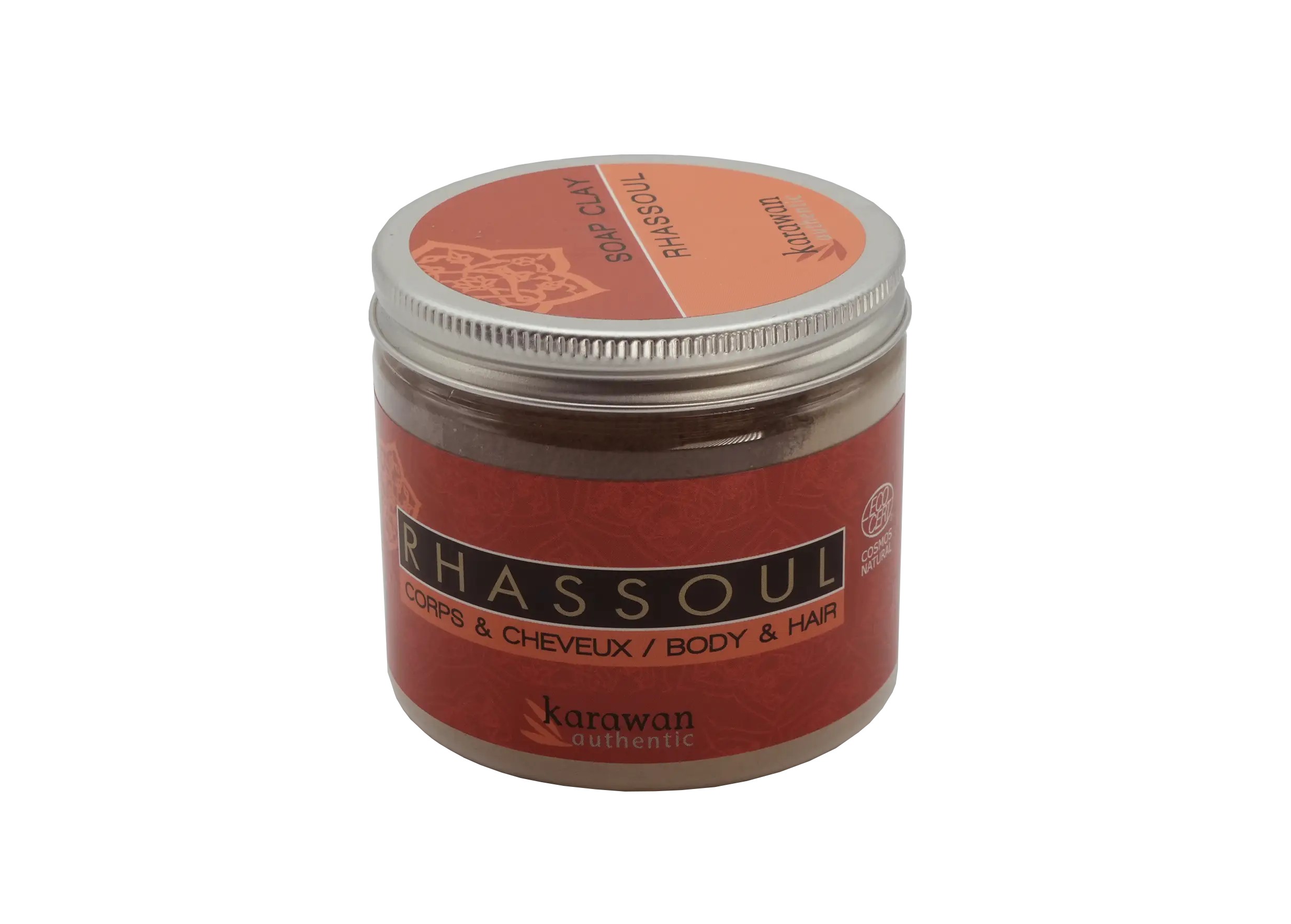 Jar of rhassoul powder for body and hair care, red-orange label by Karawan authentic