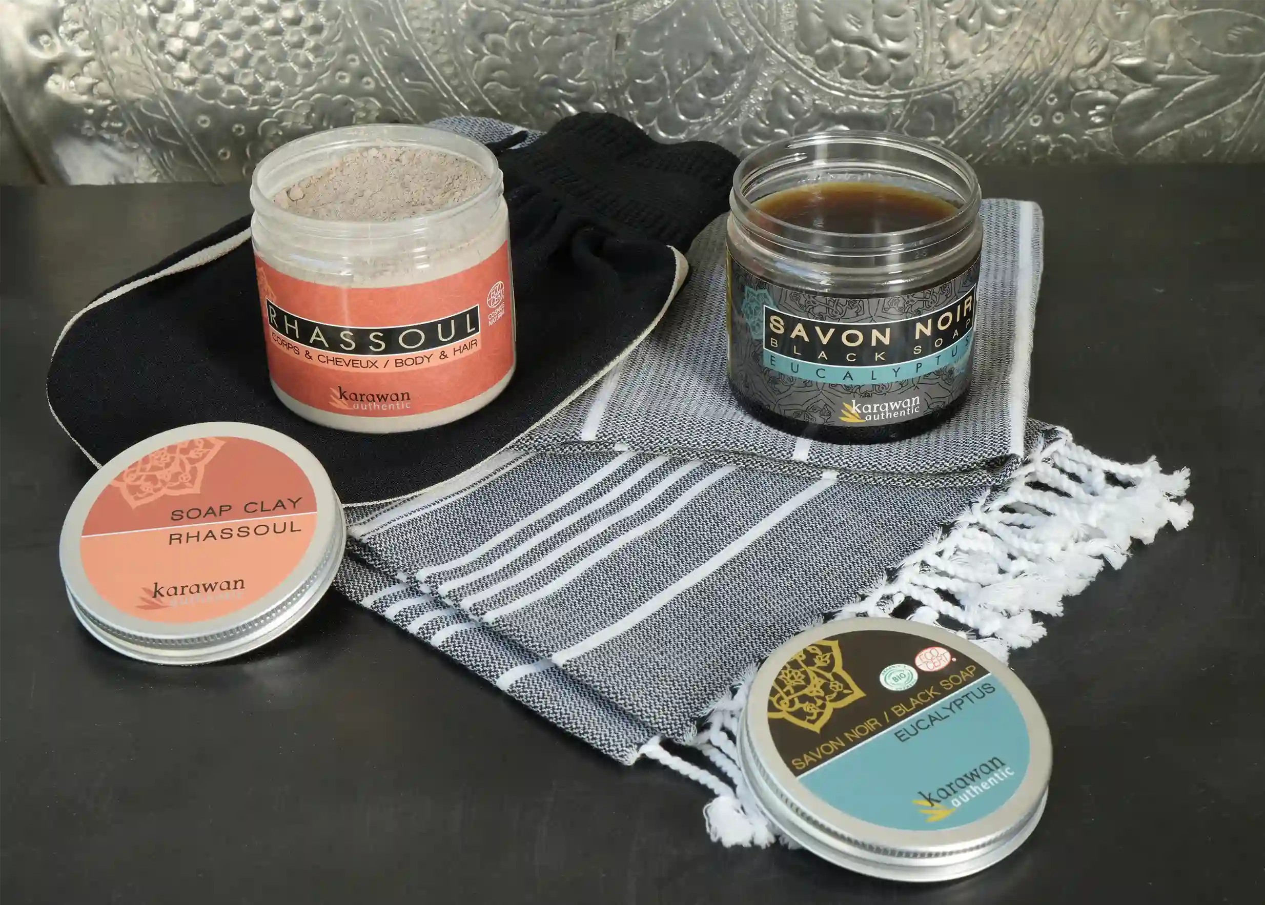 Rhassoul powder and eucalyptus soap in a tin, with kessa glove and organic cotton fouta