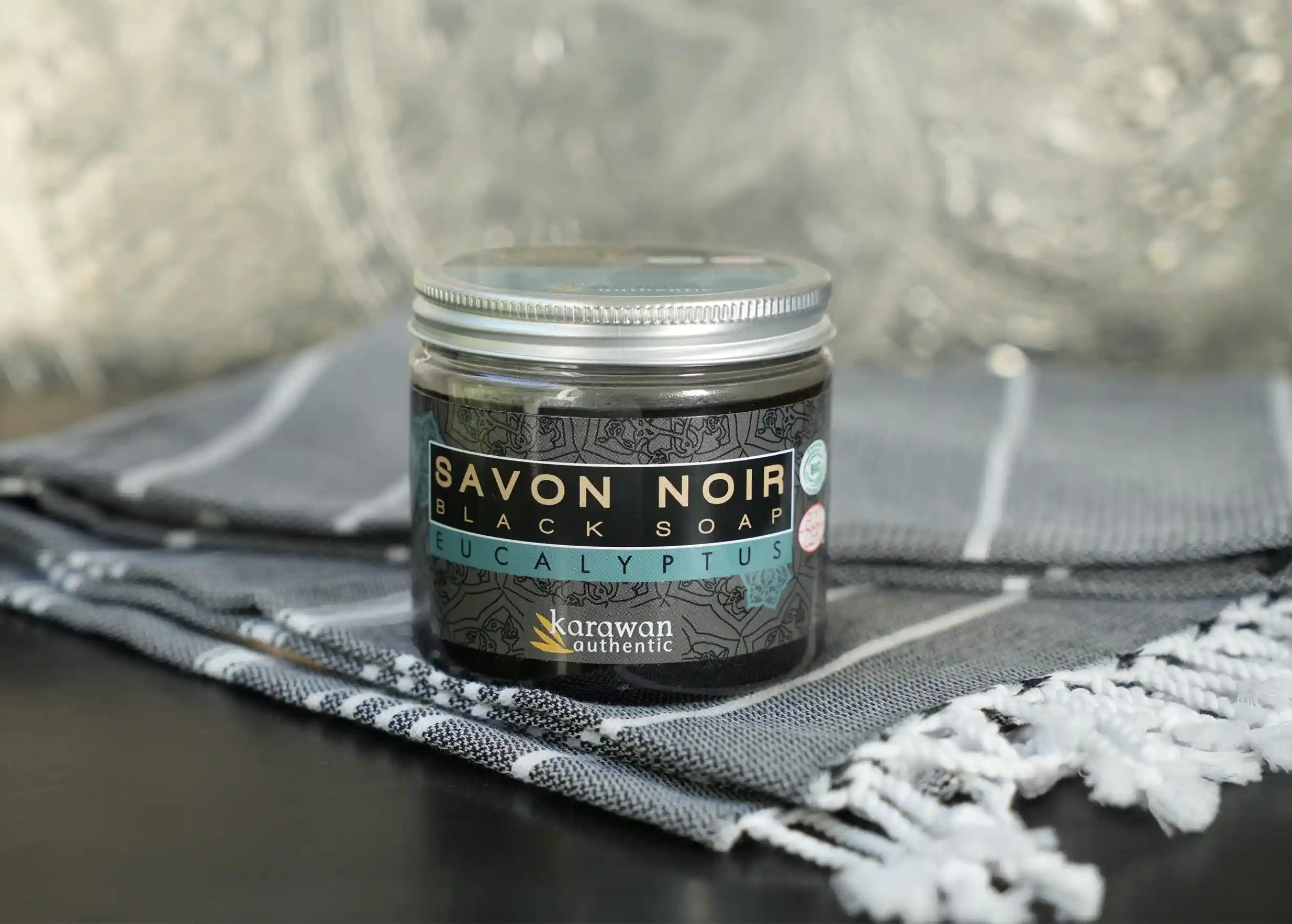 Box of authentic black soap with olive oil and eucalyptus essence by Karawan