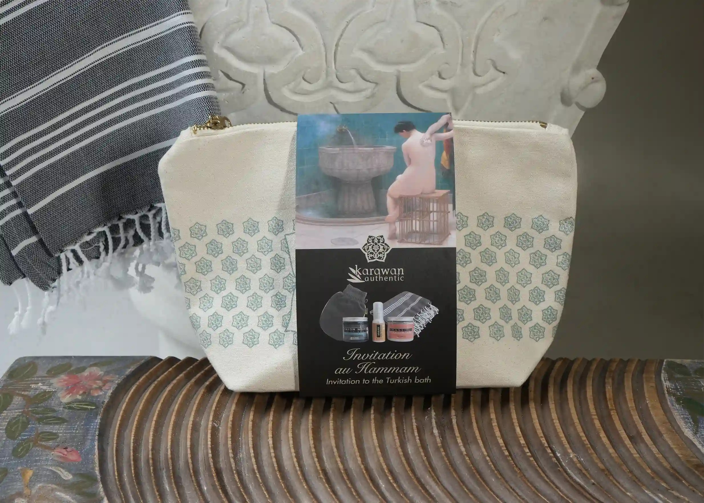 Hammam invitation case with headband, Karawan screen-printed motifs
