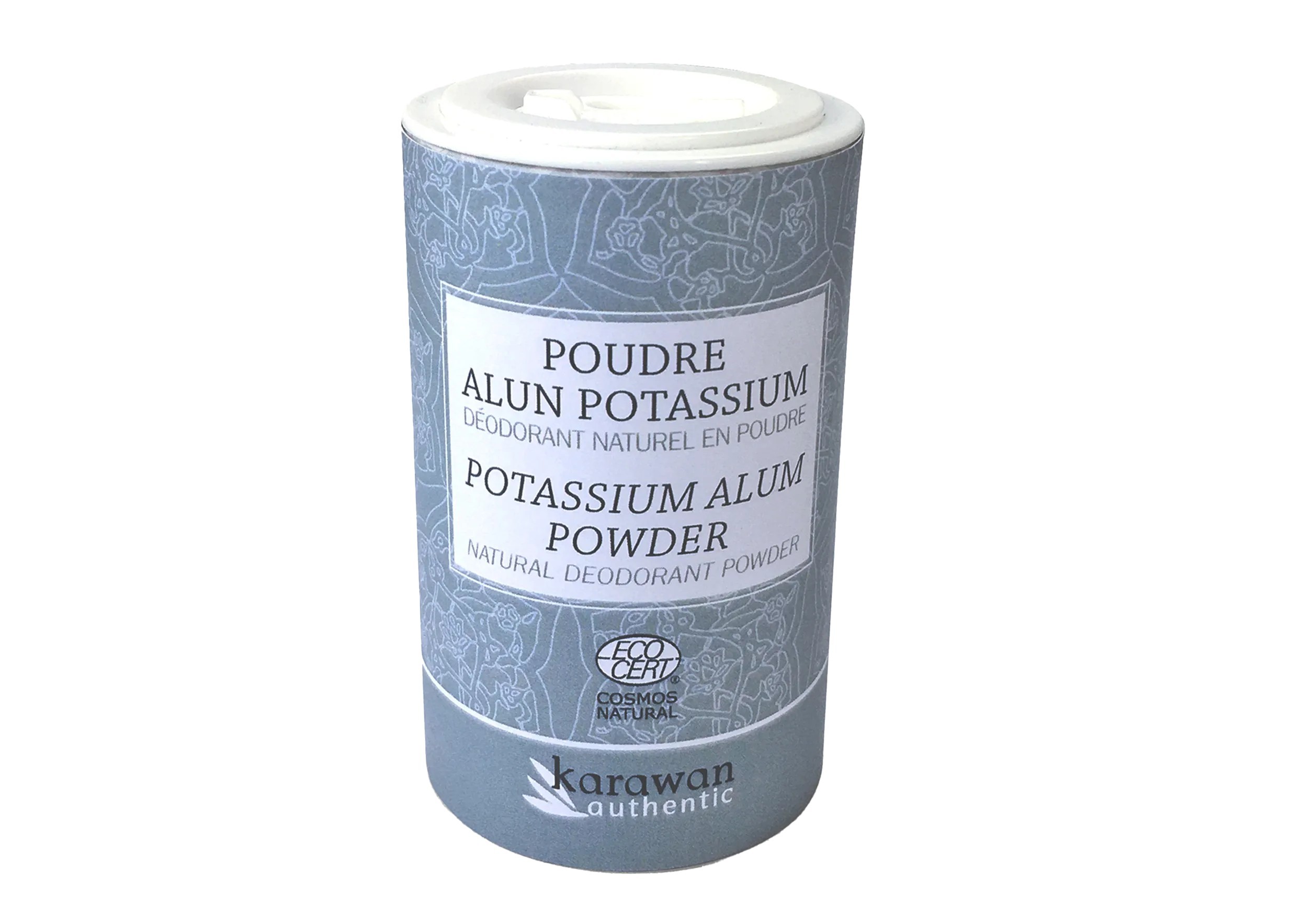 Poudre d'alun de potassium dans sa boite salière, par la marque Karawan authentic