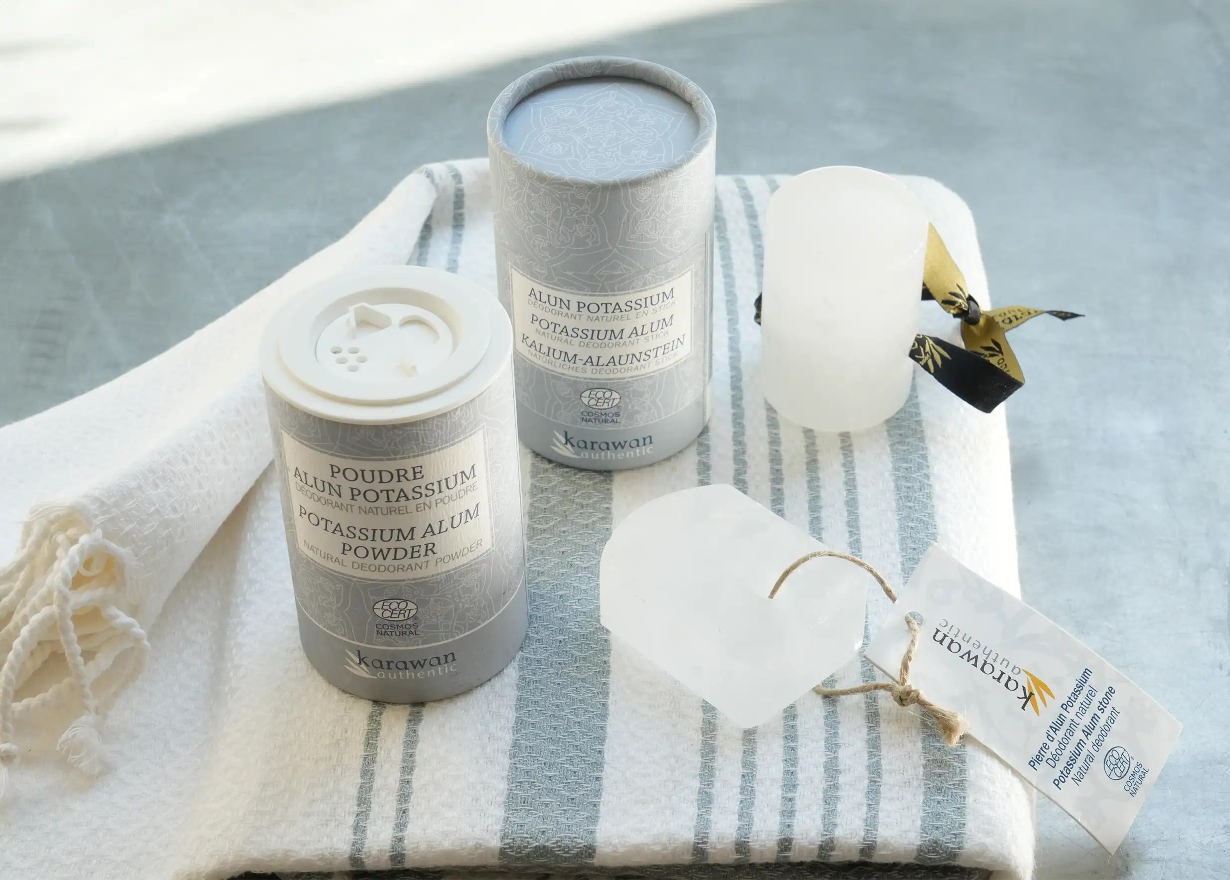 Alum deos, alum stone, alum stick and alum powder in its salt box