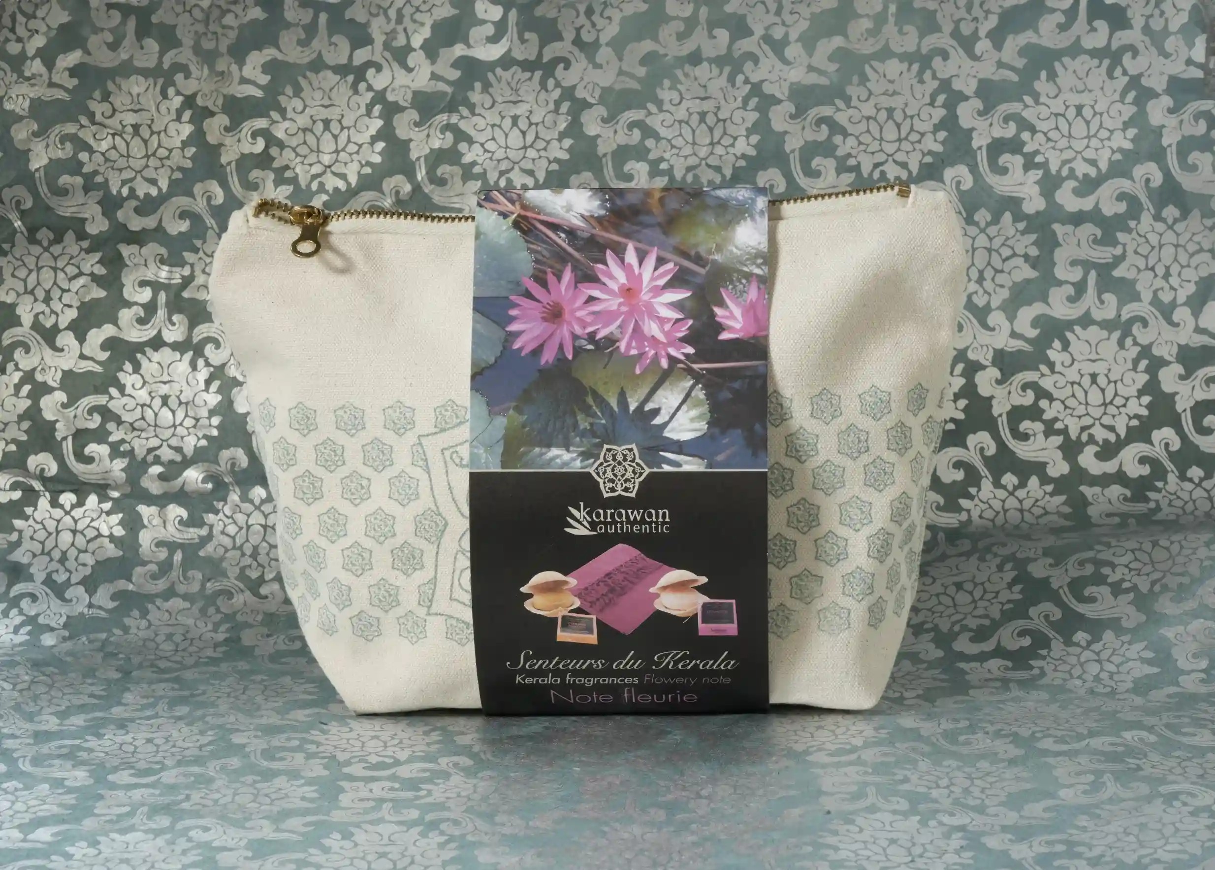 Organic cotton toiletry bag with wrap and Karawan printed motifs, Kerala scent box