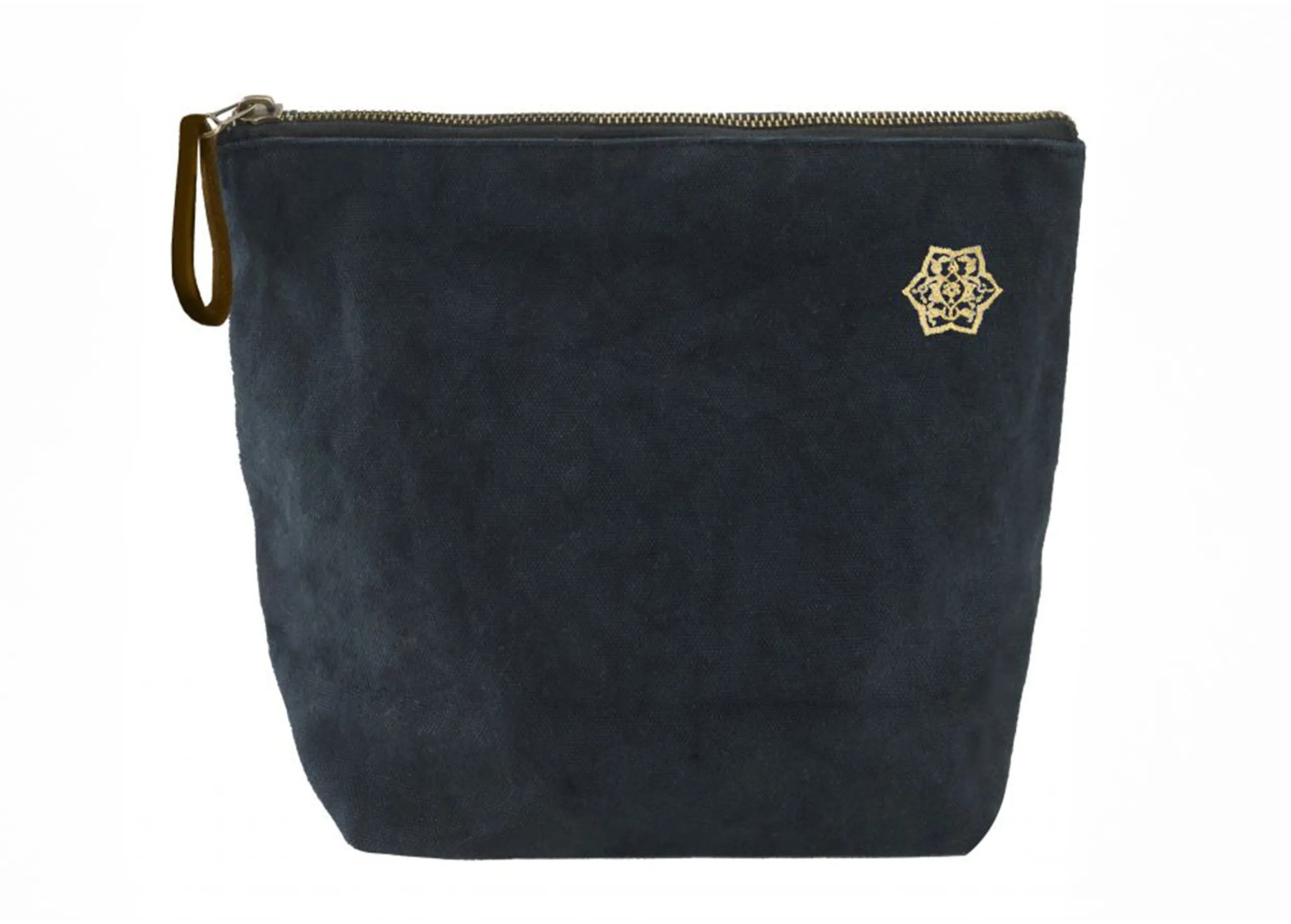 Plain indigo toiletry bag with zip fastening and Karawan rosette logo