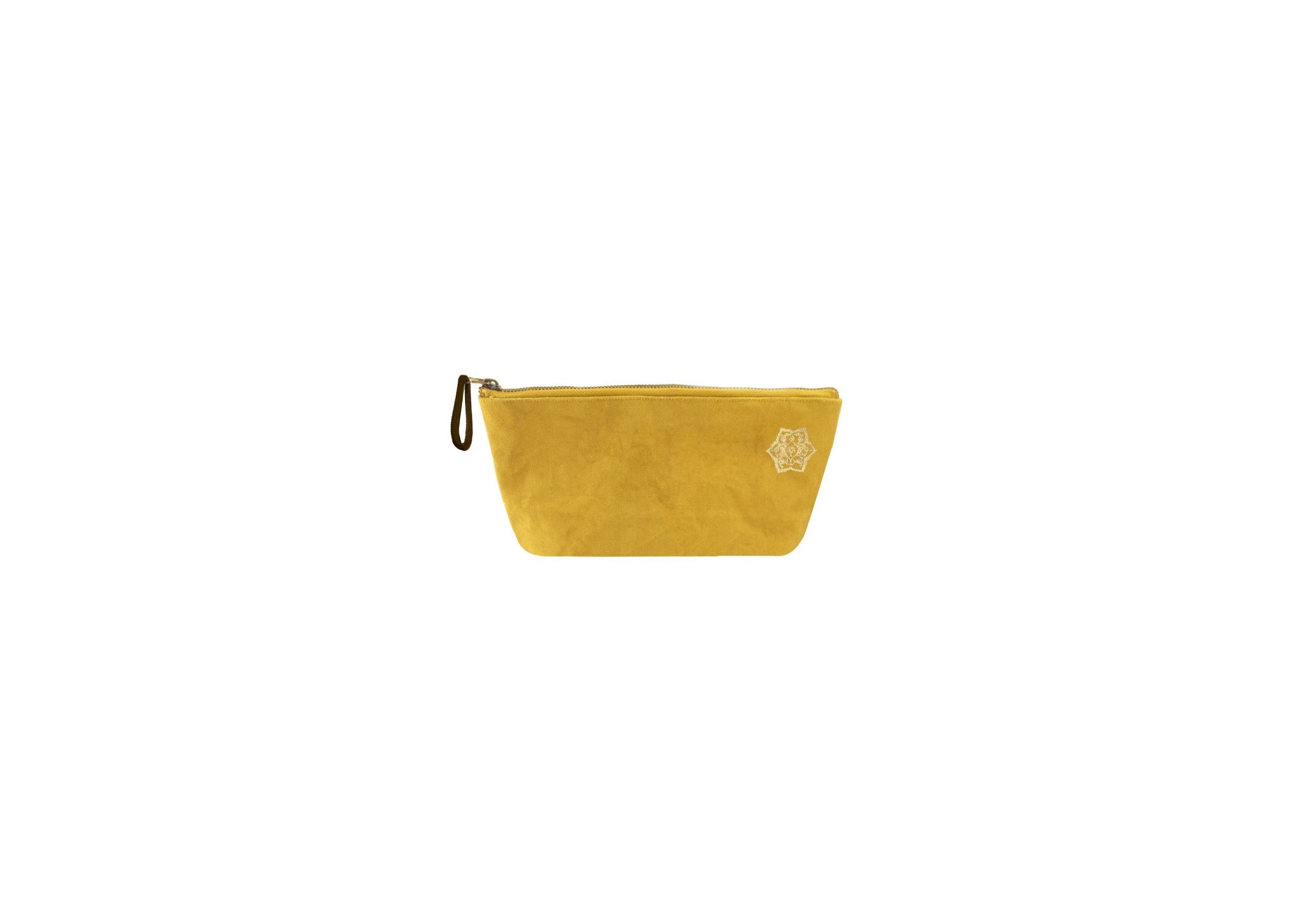 Small solid-colored toiletry bag in saffron, with a zip closure and the Karawan logo in the shape of a rosette