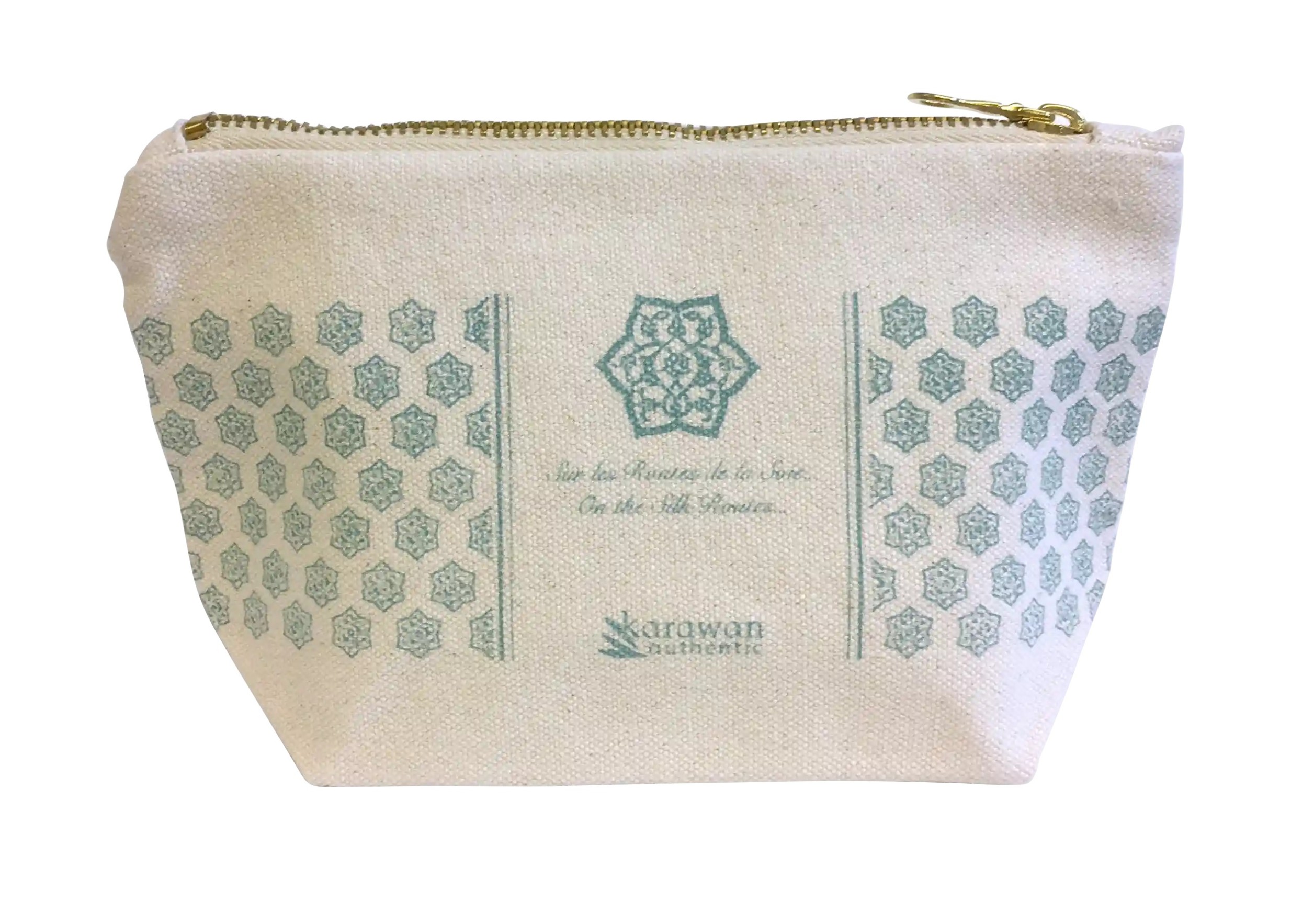 Petite trousse de toilette en coton blanc, motifs de couleur bleue imprimés en sérigraphie, slogan et logo Karawan authentic