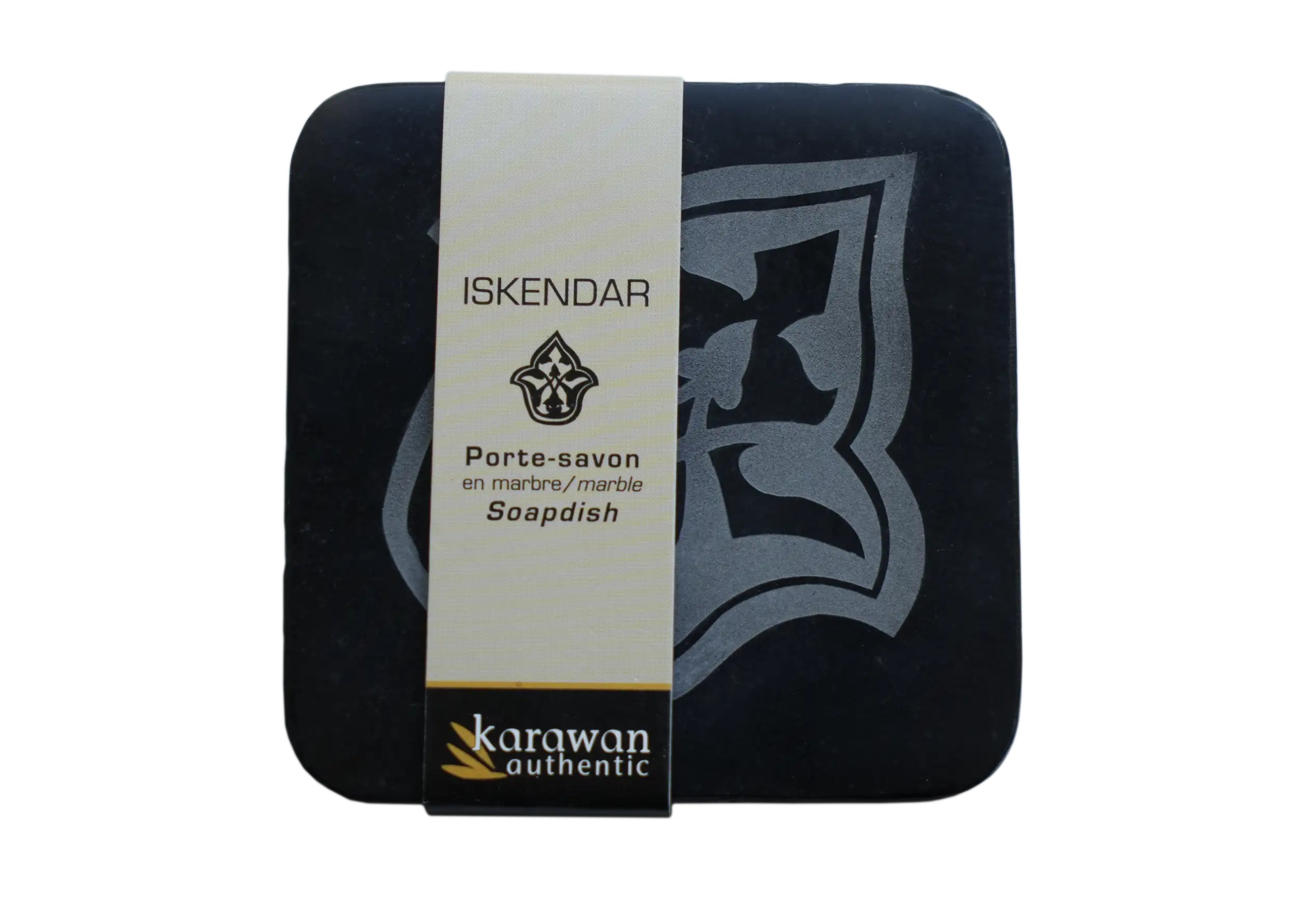 Black marble soap dish engraved with Iskendar motif