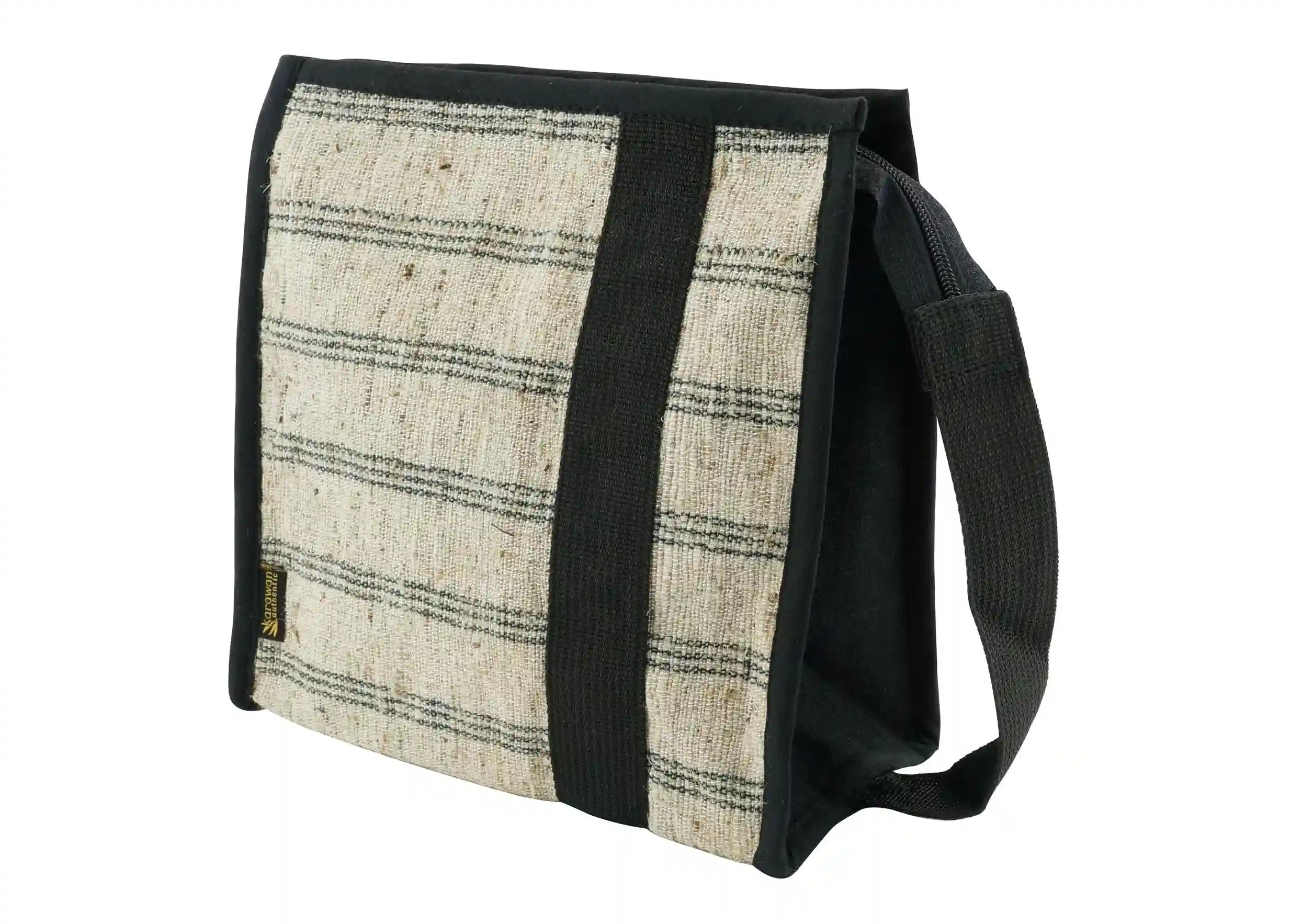 Trousse de toilette en ortie et chanvre de l'Himalaya, avec des rayures noires, équipée d'une fermeture et d'une poignée