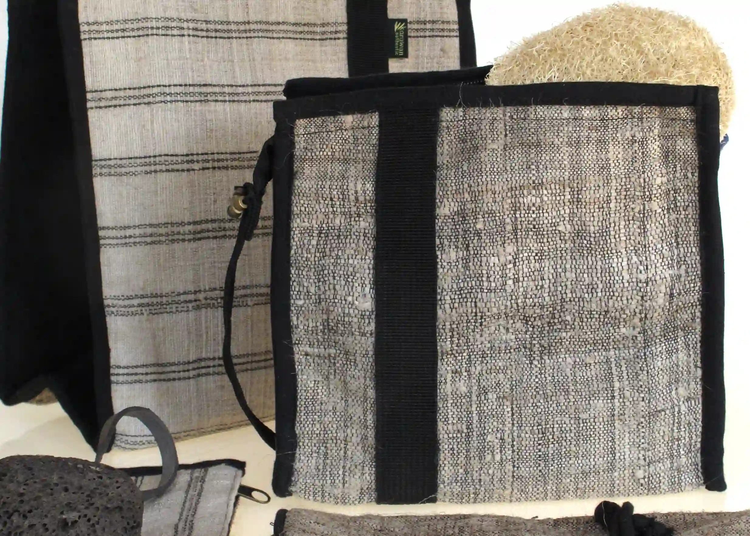 Toiletry bags made of nettle and hemp, available in 2 sizes, small pouch, and pumice stone